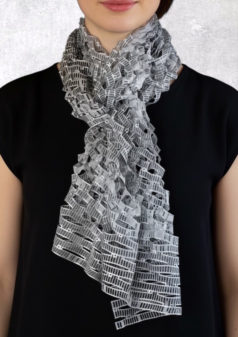 画像1: シルクシフォン・カットワークロングスカーフ”レインストライプ" ・モノクローム (1)